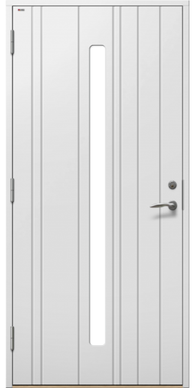 Dieden-Ekodoor vit ytterdörr med smalt glas och modern design Vit ytterdörr med smalt vertikalt glasparti från Dieden-Ekodoor